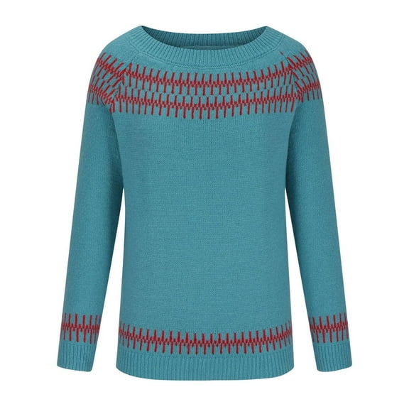 VISALY Isle Sweater Top Oversized Dressy Tops Soft Warm Cozy Soft Touch Funnel Merino W.ool Seamless Sweater Sweaters for Women Cropped Sweater Boho Pattern Pullover Oversized Sweaters Blue L