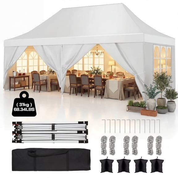 COBIZI 10x20 ft Pop Up Canopy Tent with 6 Removable Sidewalls, Waterproof UPF 50 , Raised Roof, Easy Setup for Outdoor Party and Wedding, White