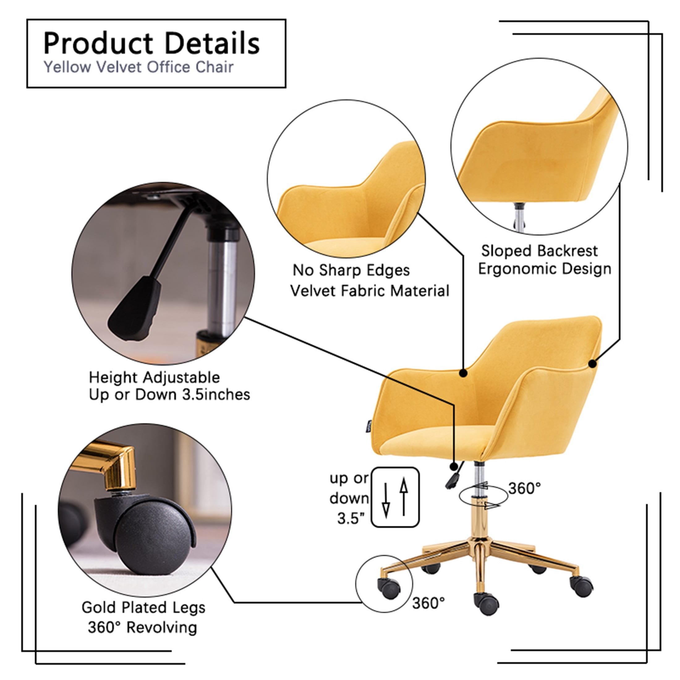 PORKISS Modern Velvet Fabric Office Chair, Height Adjustable 360° Swivel with Gold Metal Legs and Wheels, Yellow