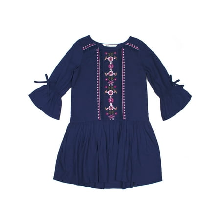 Embroidered Drop Waist Long Sleeve Dress (Little Girls & Big Girls)