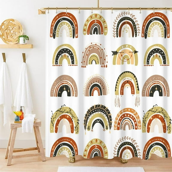 Boho Rainbow Shower Curtain for Kids, Little Rainbow Shower Curtain Set with Hooks Terracotta and Green Bathroom Decor for Boys and Girls, 72x84 Inch