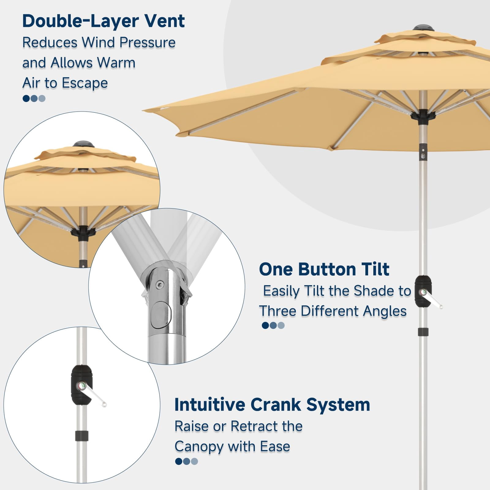 9FT 3-Tier Aluminum Outdoor Patio Umbrella, Fade-Resistant Market Umbrella with Push Button Tilt Function, 8 Sturdy All-Aluminum Ribs for Gardens, Patios, Backyards & Pools (Beige)