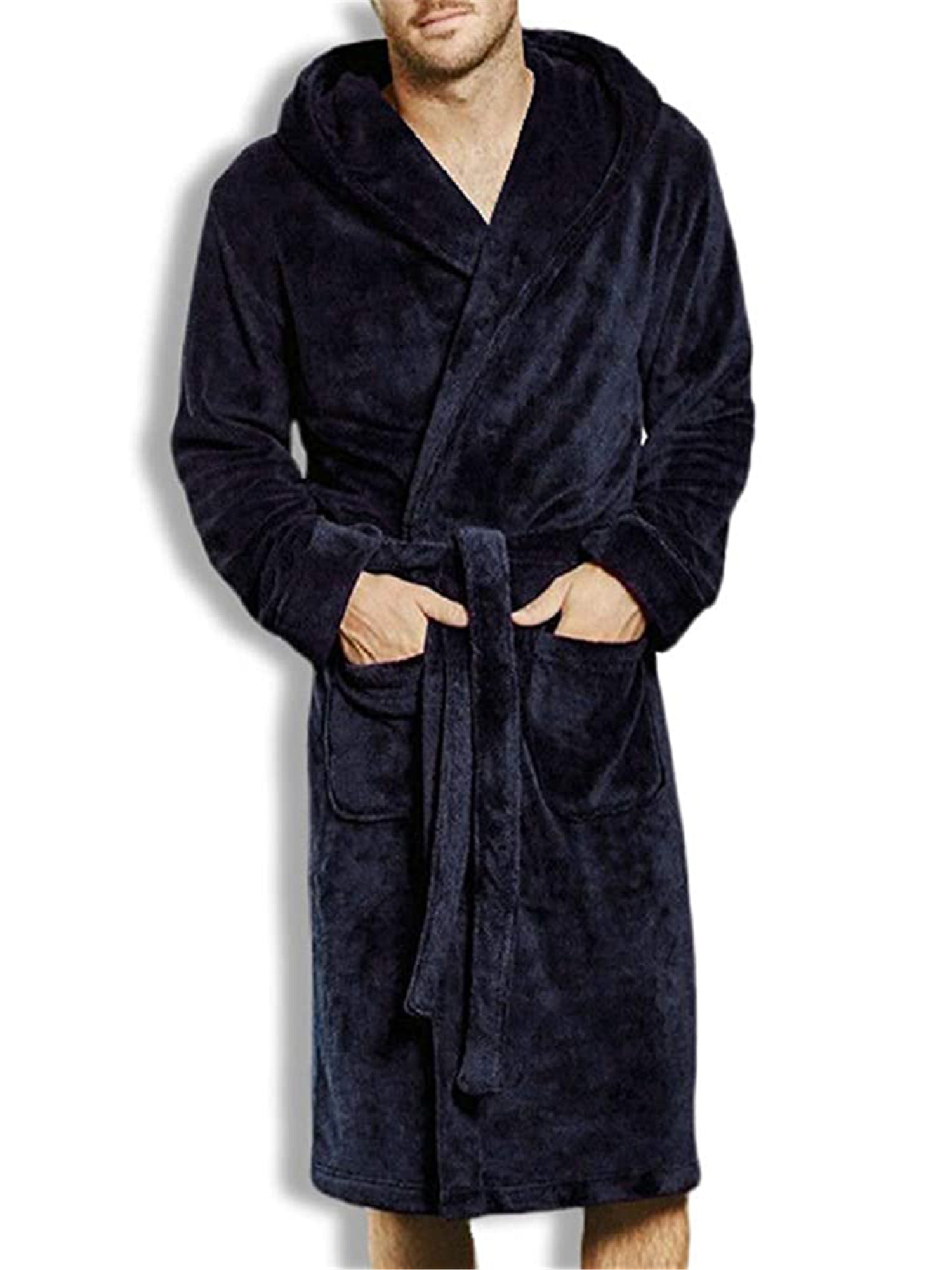 Ouyilu Men Long Sleeve Fleece Night Robe Shawl Collar Belt Closure Terry Turkish Bathrobe Sleepwear