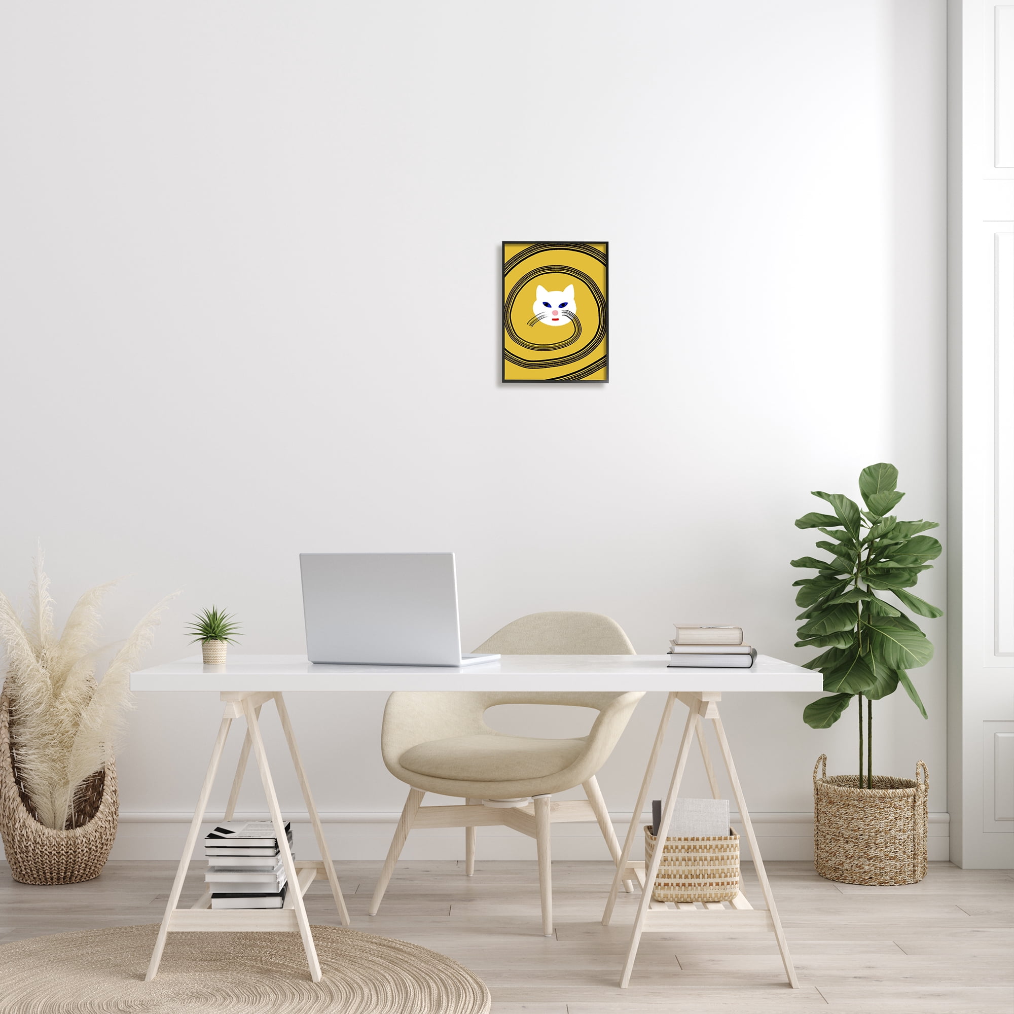 Stupell Industries Cat Whiskers Meow Abstract Modern Spiral over Yellow Animals & Insects Painting Black Framed Art Print Wall Art, 11 x 14