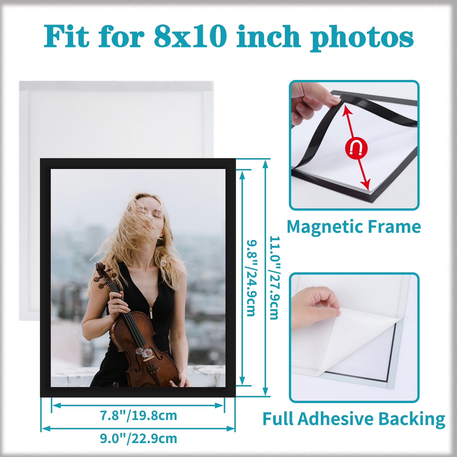 8x10 Magnetic Picture Frames Set of 30 with Self-Adhesive Backing for Refrigerator, Black