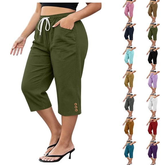Women Capris Zaewscy Women's Fashionable Solid Color Capris Drawstring With Pockets Shorts Army Green XL