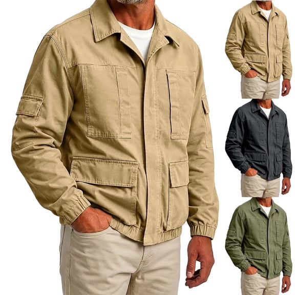 MexChoioe Mens Lapel Collar Cargo Jacket Full Zip Multi Pockets Lightweight Fall Casual Outerwear for Mens