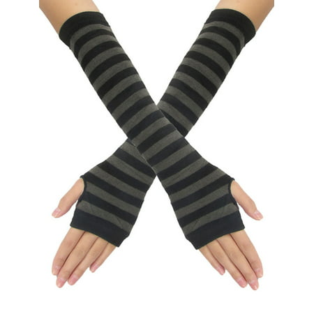 Dark Gray Stripes Black Knitted Lady Fingerless Gloves Pair