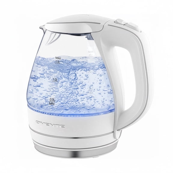 Ovente 1.5L BPA-Free Glass Electric Kettle, Fast Heating with Auto Shut-Off and Boil-Dry Protection, Cordless, LED Light Indicator (KG83)