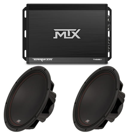 MTX TERMINATOR 500-Watt RMS 2Ω Mono Block Class D Amplifier and Two MTX Audio 3512-04 35-Series 12" 250W RMS 4-Ohm Subwoofer