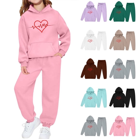 THDHVS Girls Sweatsuit,Unisex Kids Solid Heart Print Hooded Sweatshirt Jogger Pants Casual Sport 2 Piece Set,Girls Fall Outfits Khaki 9-10 Years