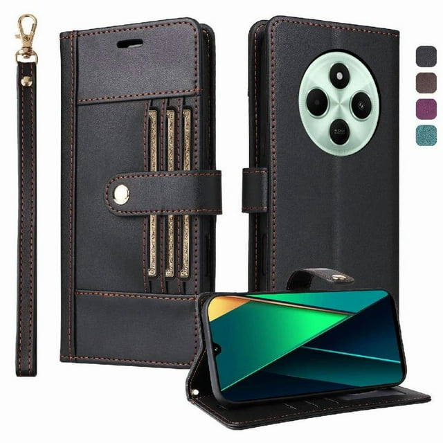 FOXDOCK Funda tipo Cartera para Xiaomi Redmi 14C – Cubierta de Cuero PU con Múltiples Ranuras, Bolsillo para Efectivo y Correa de Muñeca
