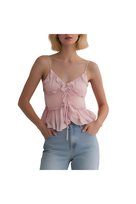 Women's Summer Camisole Top Boho Style Sleeveless Blouse Spaghetti Strap V Neck Ruffle Slim Fit Sexy Trendy Tops