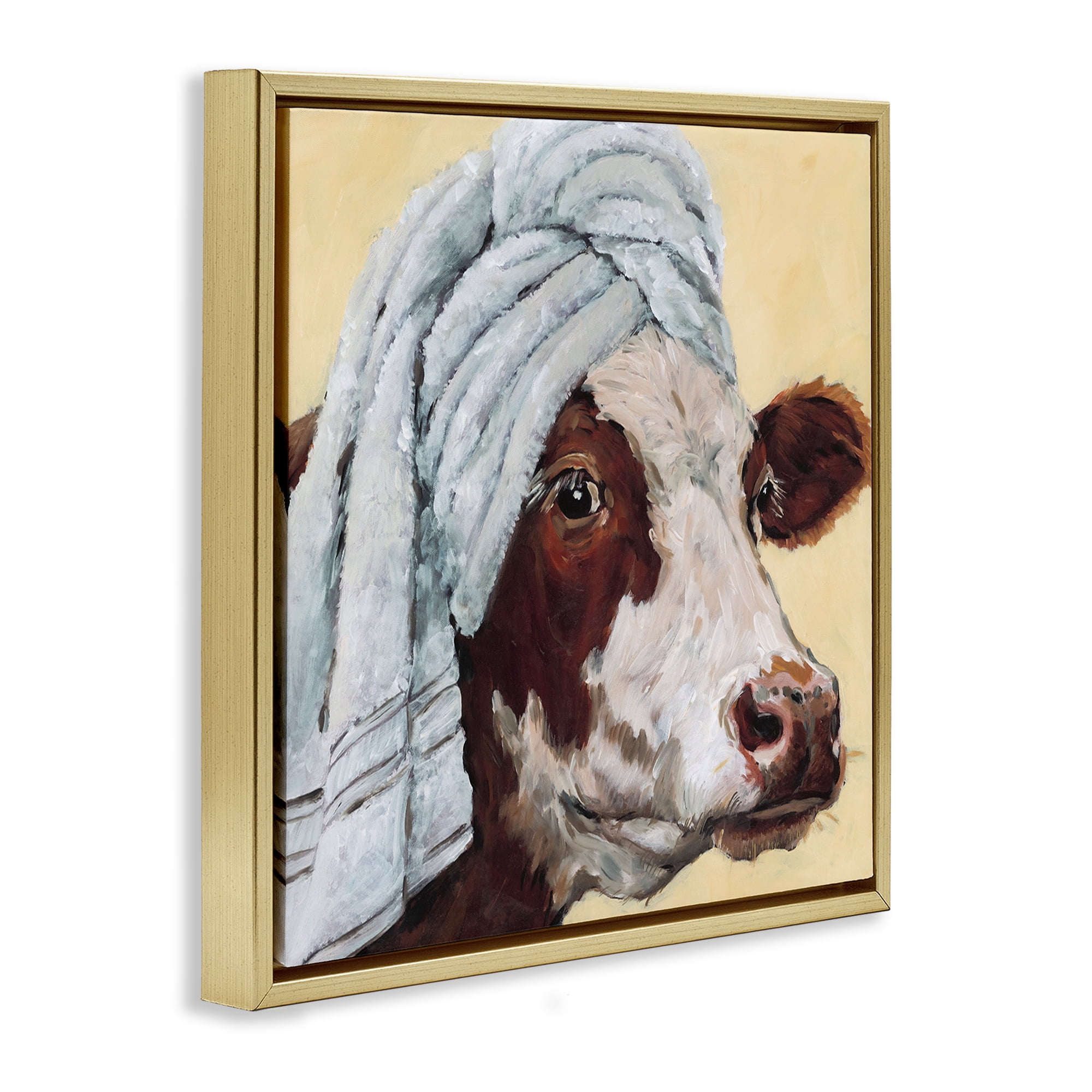 Stupell Industries Cow Spa with Towel Gold Framed Floater Canvas Wall Art, design by Studio Bautista