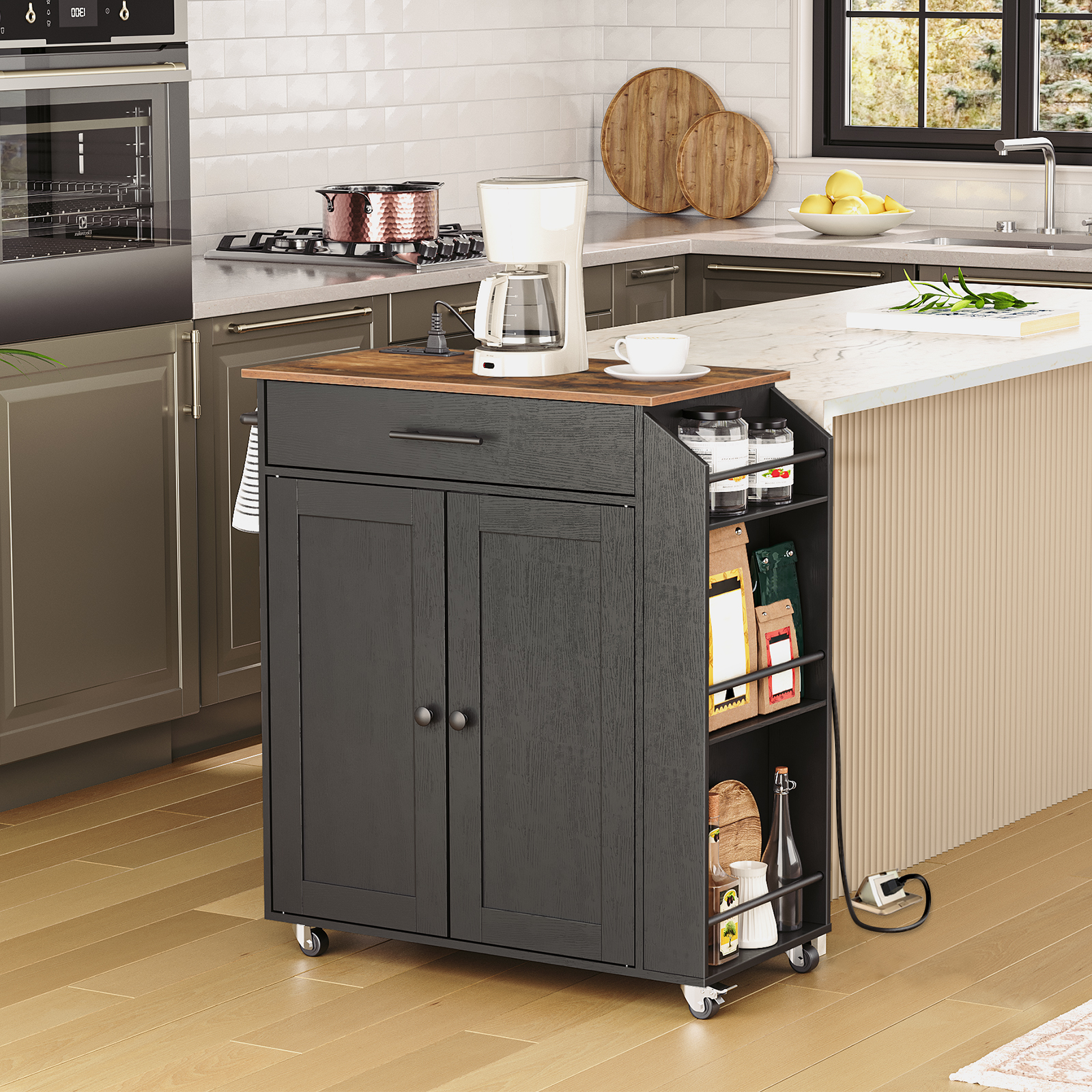HOOBRO Kitchen Island with Power Outlet, Storage Island with Spice Rack and Drawer, Rolling Kitchen Cart on Wheels, for Home, Dining Room, Rustic Brown and Black BF82UZD01G1
