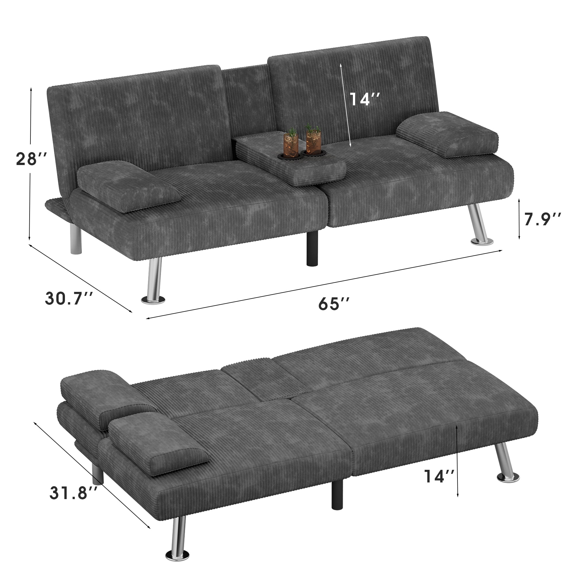 Homall Futon Sofa Bed with Armrests and Cup Holders,Adjustable Backrest Angles,Convertible bed,Gray
