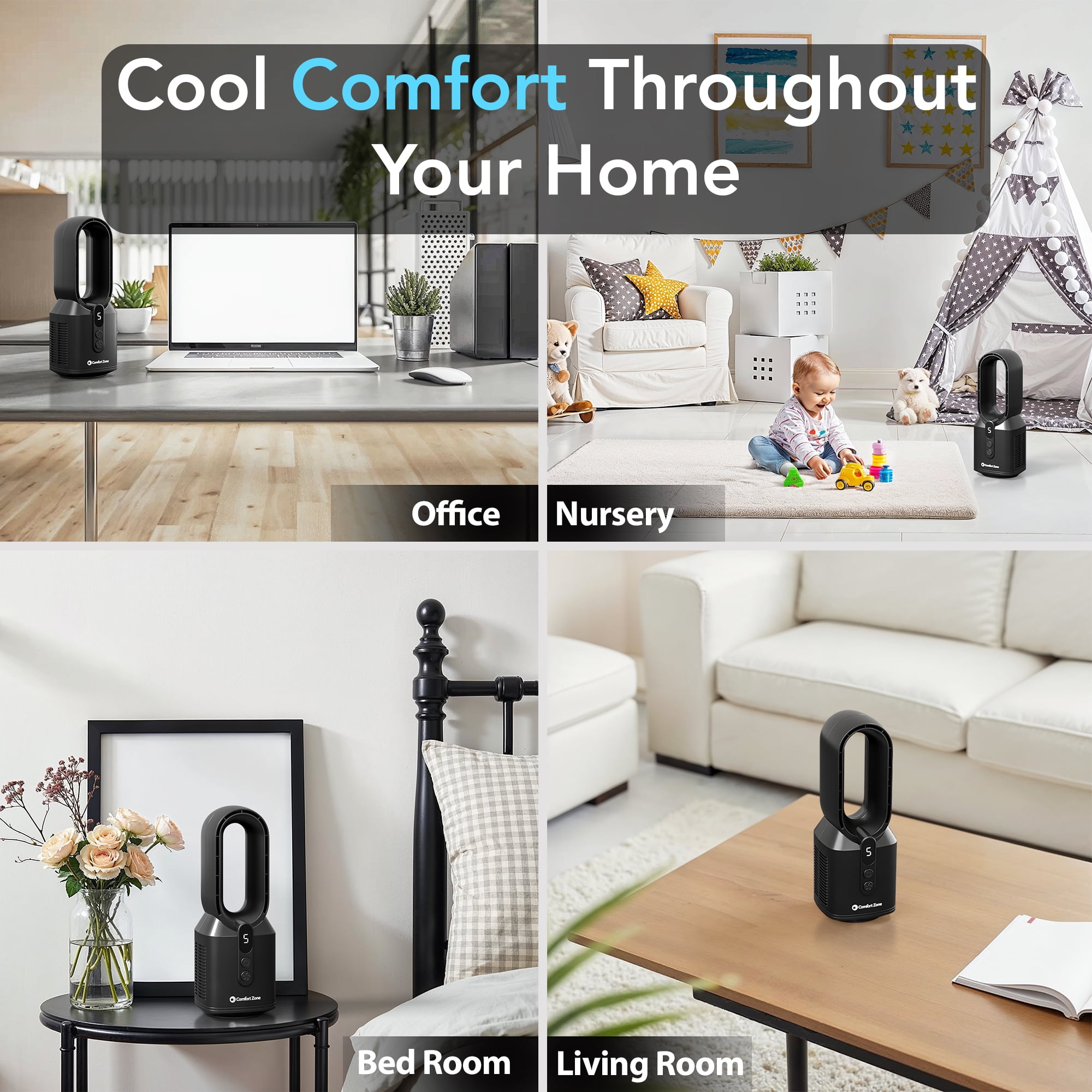 Comfort Zone 14" Rechargeable Bladeless Tabletop Fan, Black