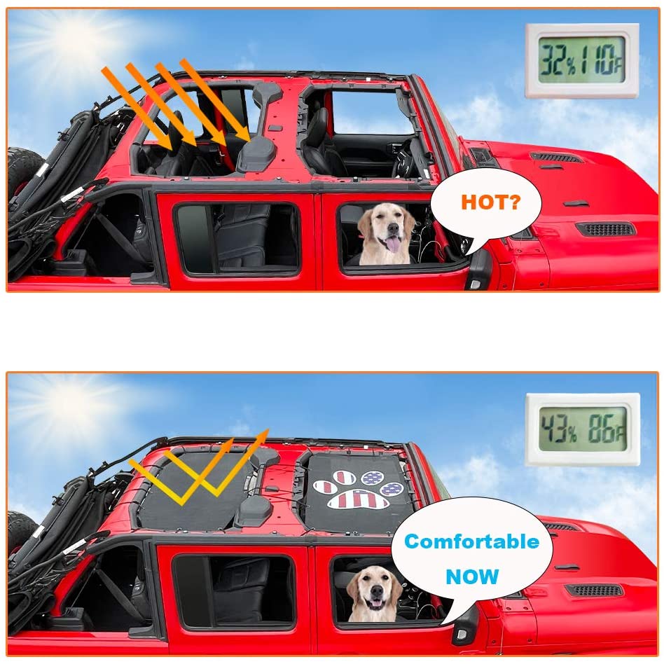 Shadeidea Jeep Wrangler Sun Shade JL Door Top Sunshade, Front  Rear  -(Black Mesh Screen Sunblock Cover, NO FADED Pug) Cover JLU (2018-Current),  UV Blocker -10 Years Lasting