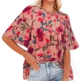thumbnail image 2 of Camiseta estampada para mujer, mangas media campana, holgada, cuello redondo, blusa suelta de verano, flor rosa ceniza L, 2 of 6