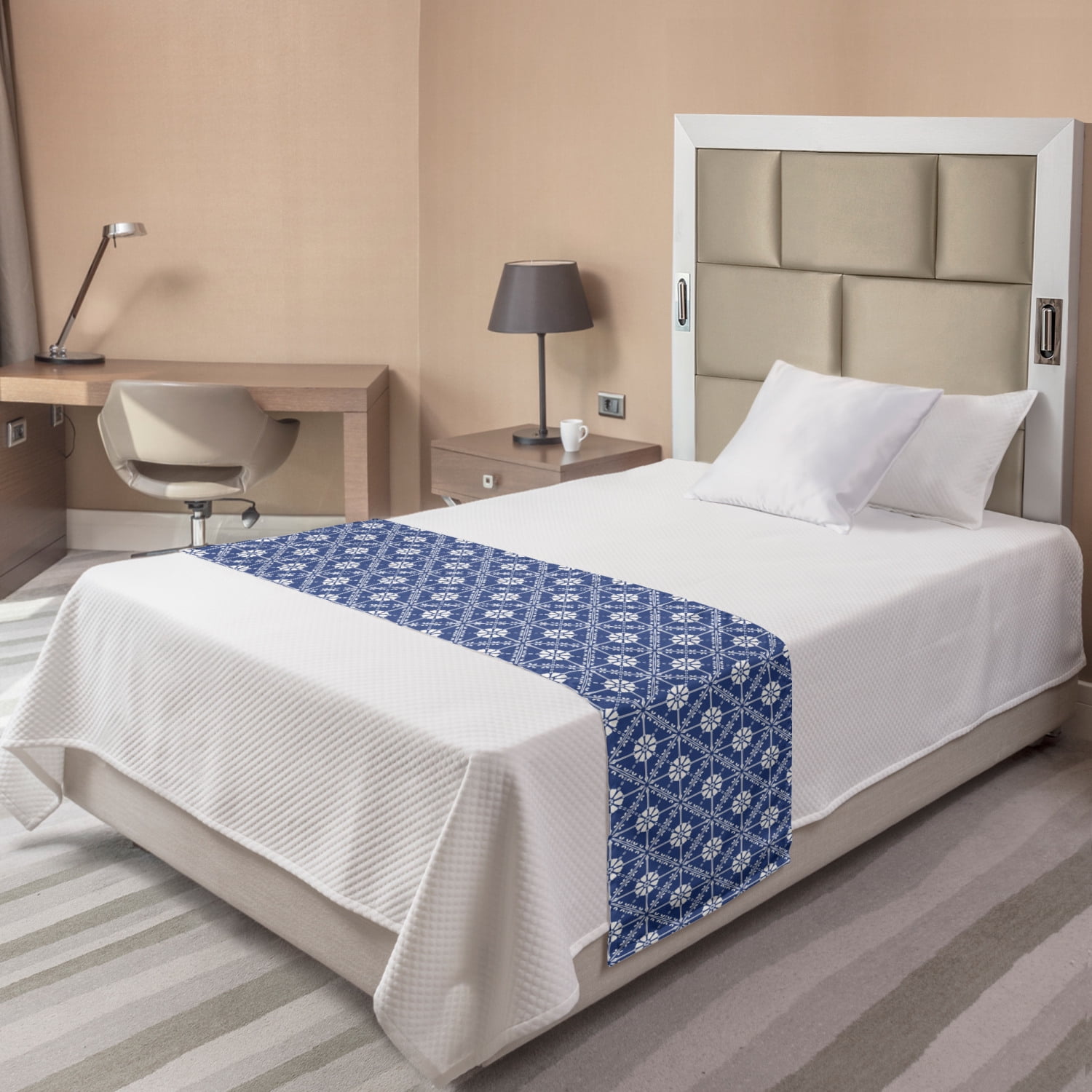 Twin White Polyester Satin Bed Runner with Print
