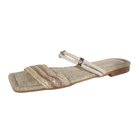 

WEAIXIMIUNG Ladies Fashion Summer Bohemian Style Cloth Open Toe Square Head Flat Bottom Slippers Womens Sandals Wedge Dressy 2024 40 Beige