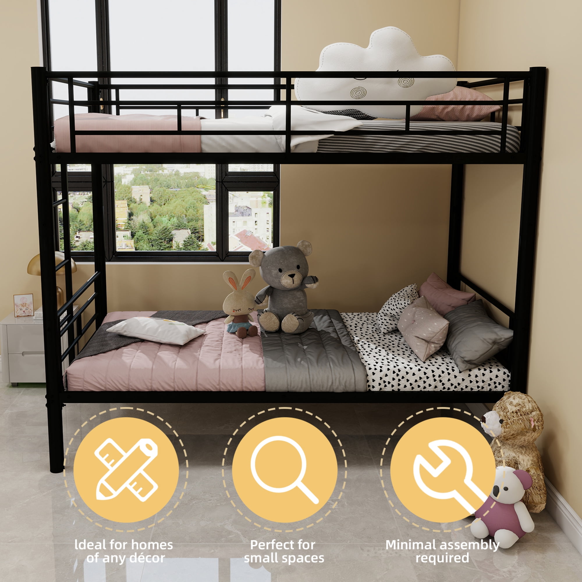 Leumius Twin Over Twin Bunk Bed for Kids Boys Girls, Metal Bunk Bed with Ladders & Guardrail,Convertible 2 Beds,Black