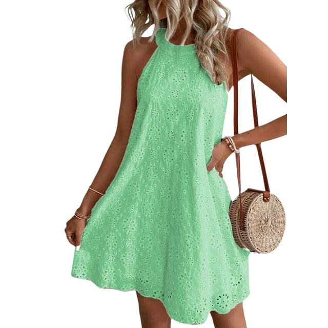 Fashnice Robe Mini Femme Col Halter Robes Courtes Sans Manches Été Plage Robe Décontractée Voyage Vert Clair TG