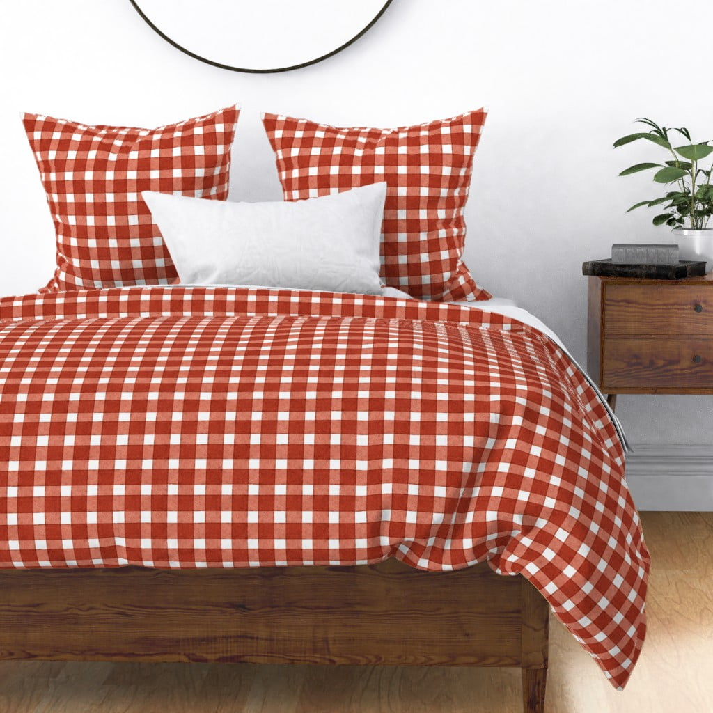 Cotton Sateen Duvet Cover, King/Cali King Red Plaid Watercolor Gingham Buffalo Check Spring