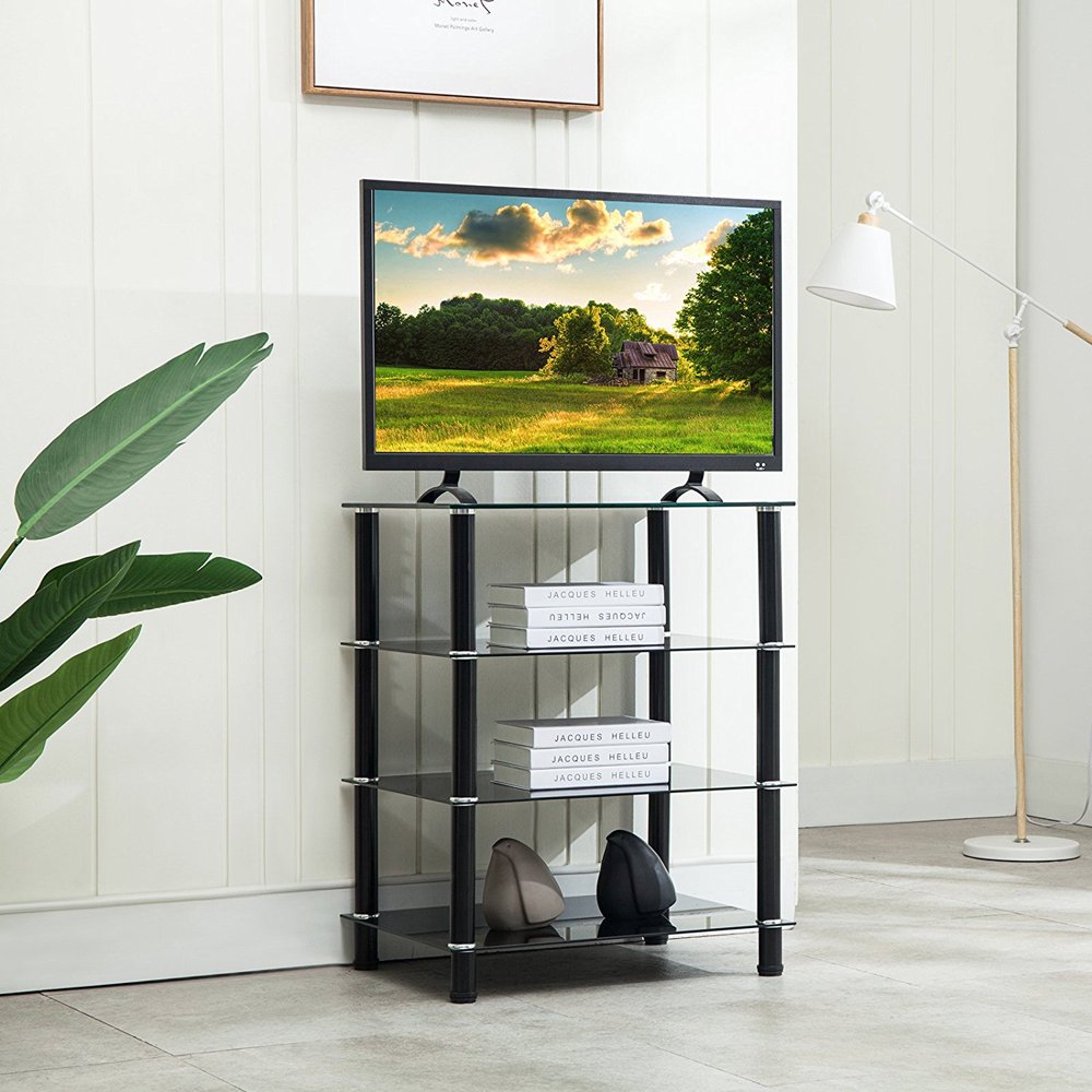 Mecor 4 Tier Media TV Stand Component with Glass Shelf for