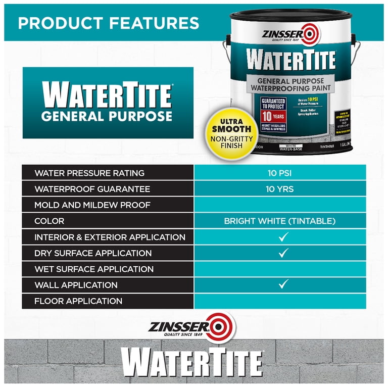 Zinsser WaterTite Matte General Purpose Waterproofing Paint, 1 Gallon photo 3