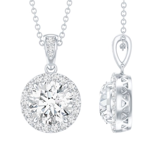 Rosec Jewels Certified Moissanite Pendant Necklace with Halo - 8mm Round - 2 Carat - D-VS1 Quality - with Jewelry Box, 925 Sterling Silver
