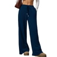 thumbnail image 3 of Women'S Wide Leg Ribbed Knit Pants Drawstring Waist Low Rise Casual Long Trousers Navy Blue XXXL, 3 of 9