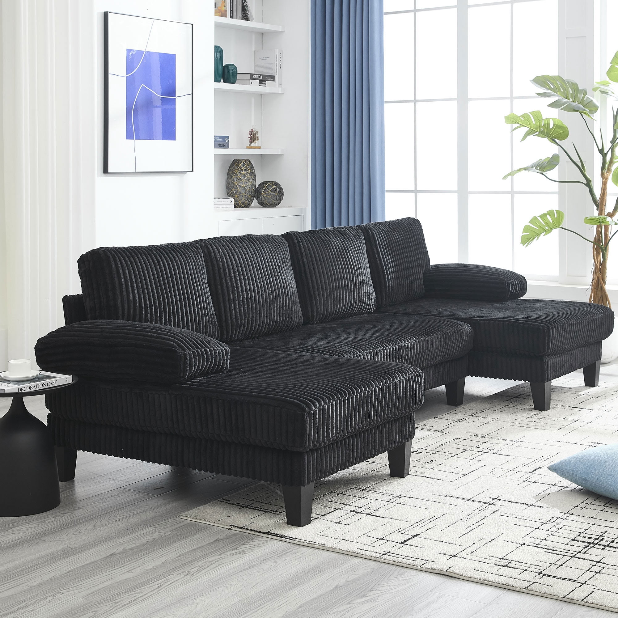 MAYEERTY U-Shaped Sectional Sofa with Double Chaise, 4-Seater Oversized Deep Seat Corduroy Couch with Side Armrest Pockets, for Living Room Apartment