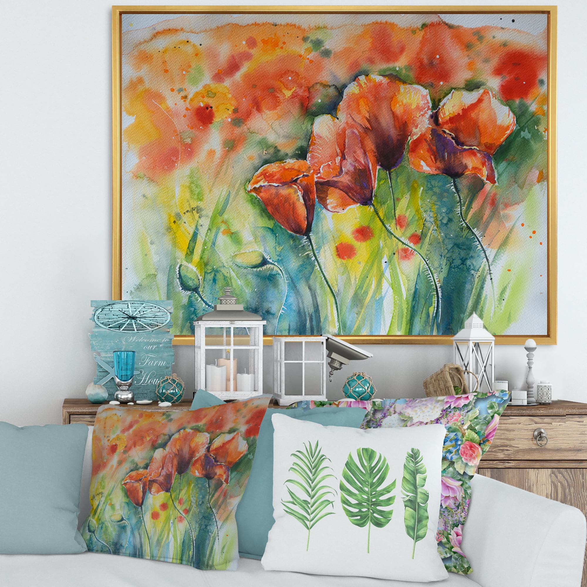 Designart 'Red Blossoming Poppies Over Wild Green IV' Traditional Framed Canvas Wall Art Print