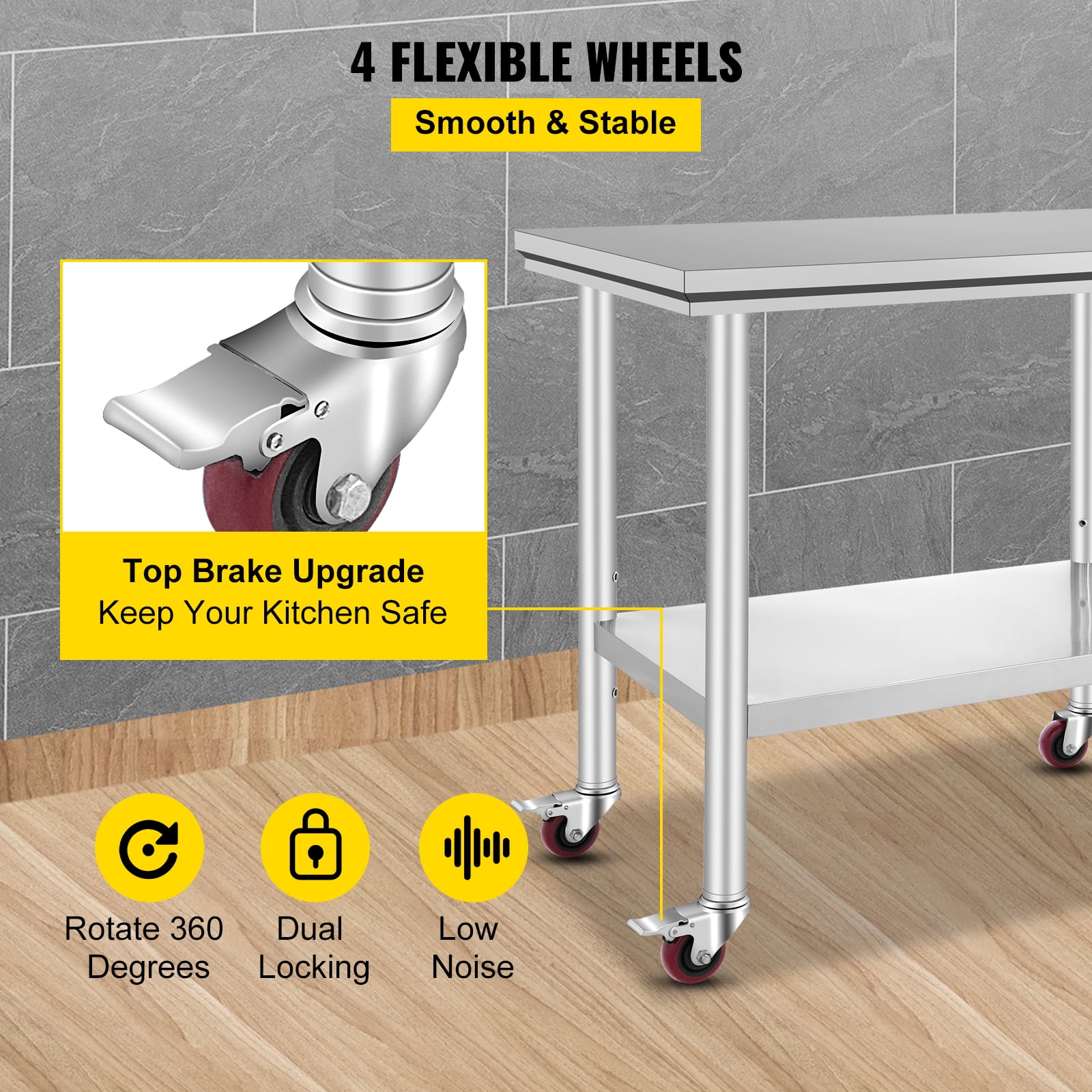KFFKFF Commercial Work Food Prep Table, 36"x24" Stainless Steel Rolling Kitchen Cart with 4 Caster Wheels ,Heavy Duty Worktable Adjustable Undershelf