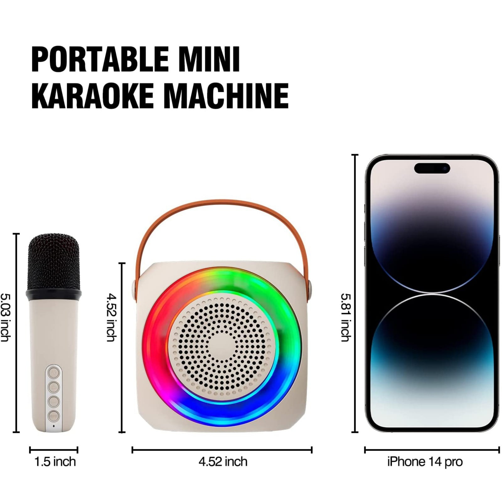 Mini Karaoke Machine, Portable Wireless Speaker with 2 Wireless Microphones, Compatible with Bluetooth-Enabled Devices, for Children and Adults, with LED Lights.-White