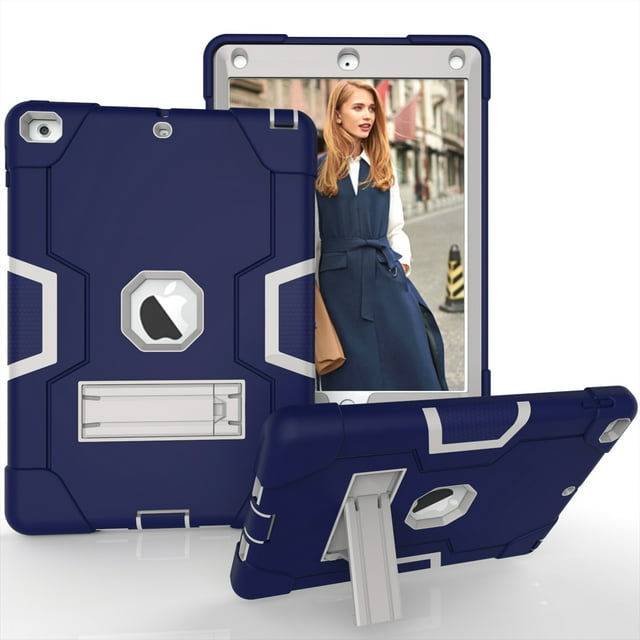 iPad 5th Gen Case,iPad 6th Gen Case, Dteck Heavy Duty Rugged Shockproof Stand Kids Case Protective Cover For Apple iPad 5th Gen 2017/iPad 6th Gen 2018, Navy+Gray