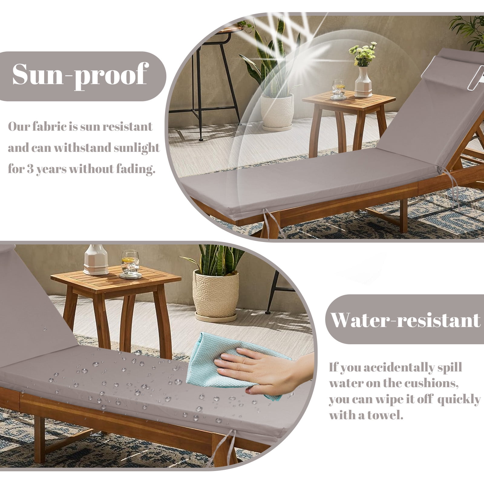 SDJPOI Outdoor Chaise Lounge Cushions Set of 2, 72" x 21" x 3" Thick Patio Furniture Replacement Cushions, Waterproof Lounge Chair Cushion with Headrest & Ties for Pool Beach