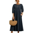 thumbnail image 1 of Bellella Femmes Été Plage Robe Robe Longue Couleur Unie 3/4 Manches Robe Décontractée Col Rond Vacances Bleu Marine XL, 1 of 2