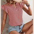 thumbnail image 2 of Ruffle manga corta blusa raya patrón impreso V escote manga corta blusa para mujer dama, 2 of 5