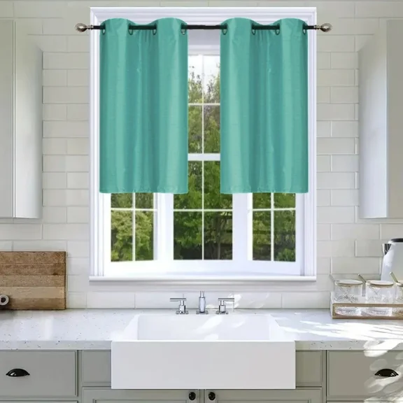 Gorgeous Home Linen 2pc Short Half Window Foam Lined Backing Grommet Panels Kitchen Tier 28"x 36"(each) Teal Blue