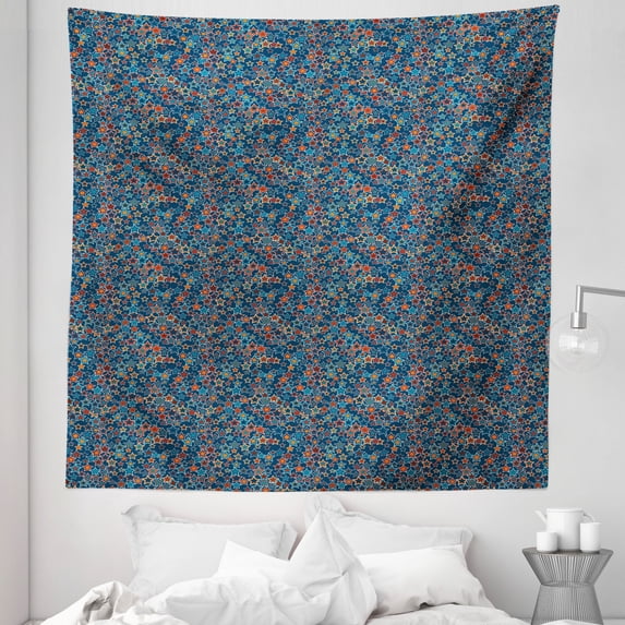 Stars Tapestry, Graphical Abstract Star Randomly Scattered on a Blue Backdrop, Fabric Wall Hanging Decor for Bedroom Living Room Dorm, 5 Sizes, Burnt Sienna Marigold, by Ambesonne