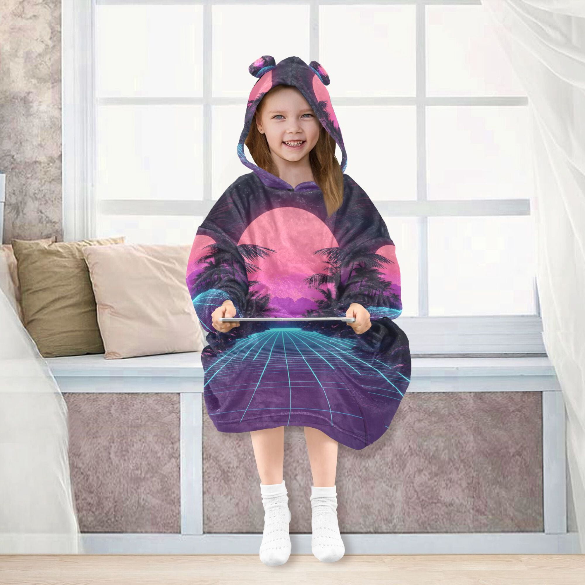 FORMRS Wearable Blanket Hoodie with Sleeves for Kids Cozy Flannel Sweatshirt, Night Neon Road