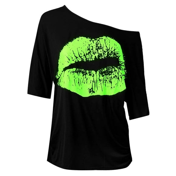 Hontri Plus Size Tops, Women's Casual Off Shoulder Shoulder Nostalgic Big Lip Print 80S Clothing Women's Shoulder Medium Sleeved T Shirt Top Green Xxl under $10