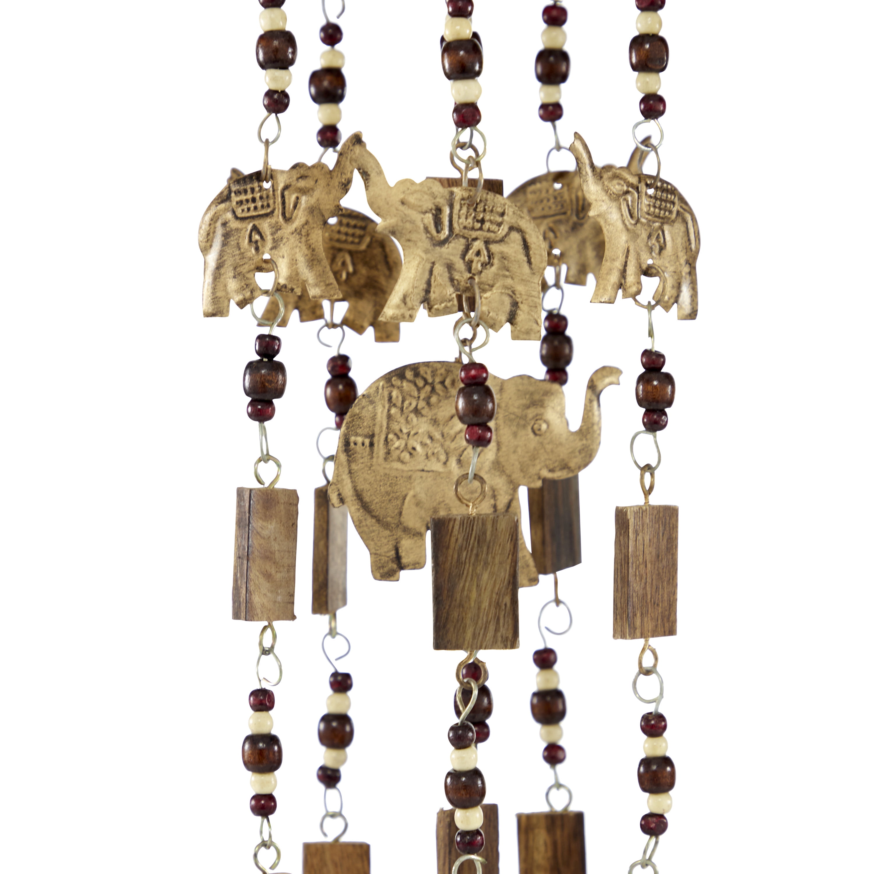 DecMode 32" Brown Wood Elephant Windchime with Beads and Cone Bells