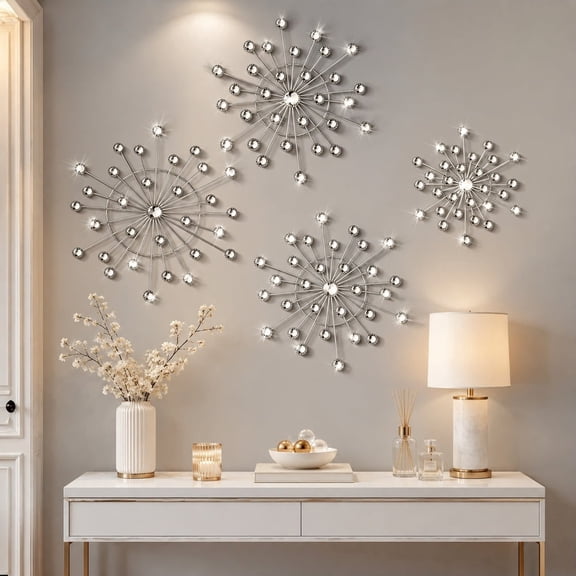 4 Pcs Metal Wall Art, Silver Starburst Wall Decor with Crystal Accents, Modern Wall Sculptures for Living Room, Bedroom & Entryway, Ideal Housewarming Gift Wall Decor