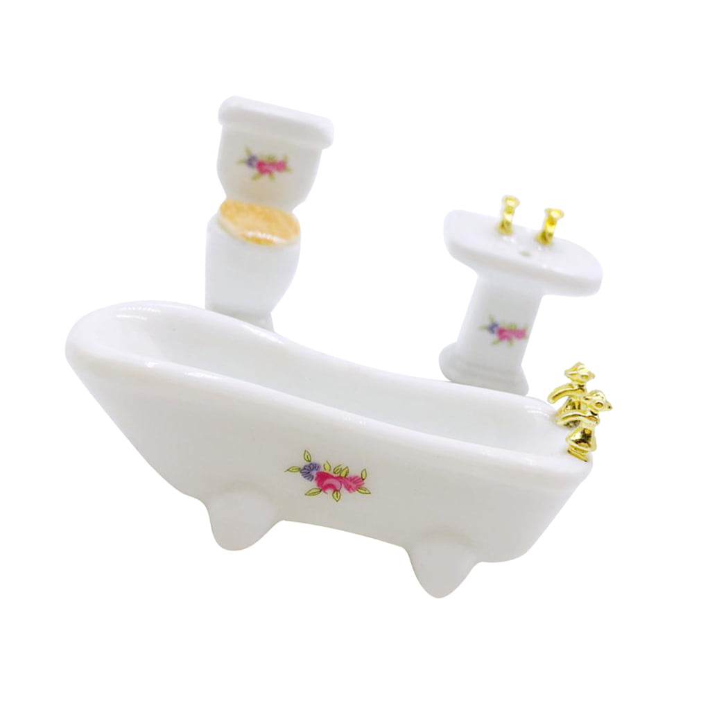 3pcs/set Porcelain Bathroom Furniture 1/24 Dollhouse Miniature Decor White 