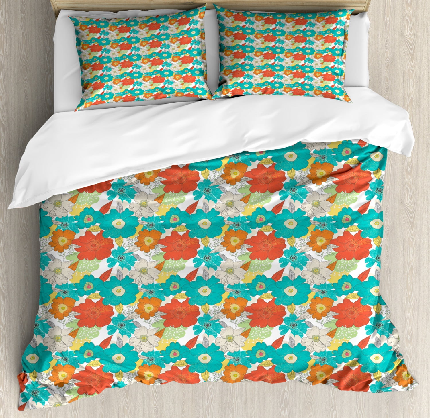 Floral Queen Size Duvet Cover Set, Doodle Style Whimsical Pattern of Flowers Rich in Color