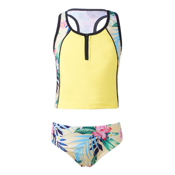 YEAHDOR Kids Girls 3Pcs Swimsuit Stripped Front Zipper Tank Top with Briefs and Shorts Bathing Suit Yellow Lemon 8