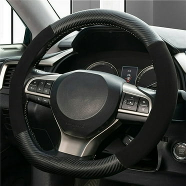 XUKEY D-Shaped Car Steering Wheel Cover 14.5"-15'' Non-slip Carbon Fiber Black Leather
